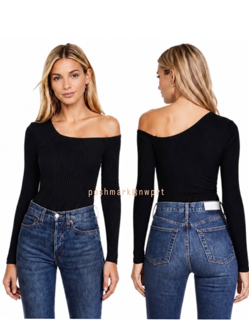 TWENTY TEES Harmony Ribbed Off Shoulder Bodysuit Top Black XS